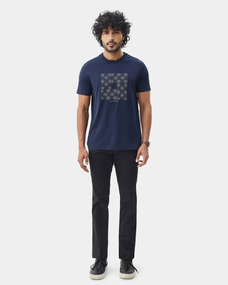 Navy Crew Neck Printed T-Shirt - Donbei