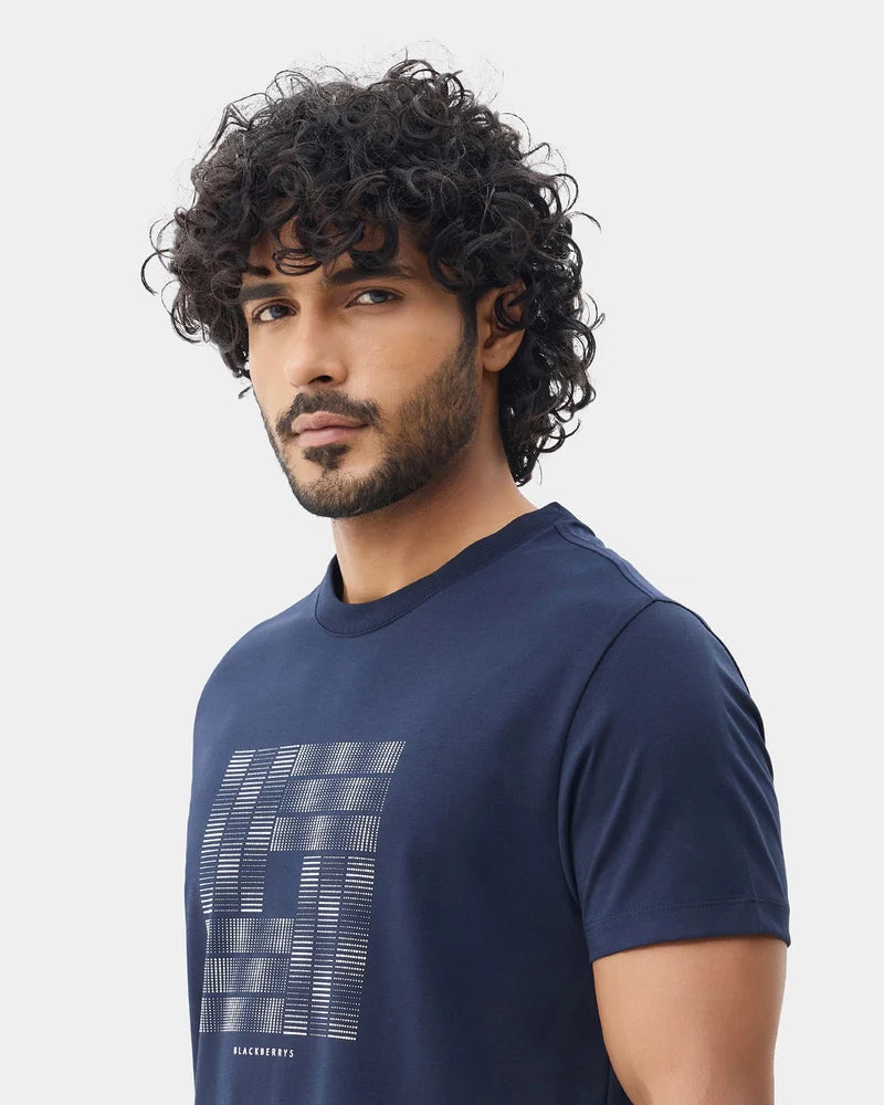 Navy Crew Neck Printed T-Shirt - Donbei