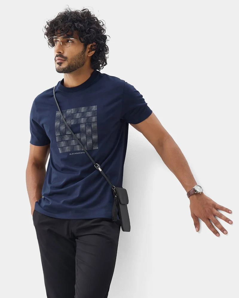 Navy Crew Neck Printed T-Shirt - Donbei